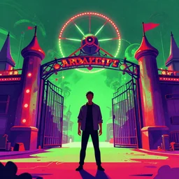 digital illustration still of a man standing in front of the gates of aradio active amusement park, digital art, by alex pardee, neon green red and purple color scheme