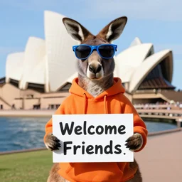 A portrait photo of a kangaroo wearing blue sunglasses and an orange hoodie holding a sign on the chest that says Welcome Friends, he is on sydney opera house, subject: kangaroo, subject detail: wearing orange hoodie, wearing blue sunglasses, subject action: holding sign
