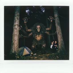 night time picture of terrifying woodland creature with lots of arms teeth and hair, polaroid photos, tra camera photo, strange creatures hiding in the woods, people in a tent afraid, no sun, no dof