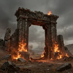 fiery, desolate field landscape with an oblivion gate. render. Demonic. 8k. Highly detailed. Gritty. Stone.