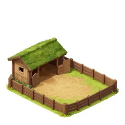 isometric medieval horse stable with green roof and with corral, on white background