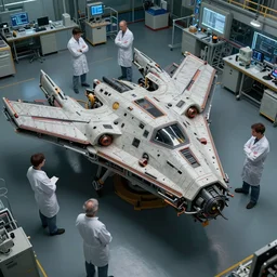 amazing, scientists creating an artificial alien highly detailed futuristic biomechanical thick quad wing combat spaceship constuction in a laboratory, 4 k, octane render, overhead lighting, photorealistic, art by john collier and albert aublet and krenz cushart and artem demura and alphonse mucha,