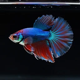 a beautiful richly colored beta fish at a medium distance with flowy fins on a black background surrounded by black water, full subject in view, epic scale ultrawide angle, hyperdetailed