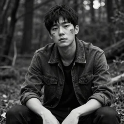 male korean actor with tribal facial scarring sitting in a forest, hyper realistic, black and white portrait, 8 k resolution,