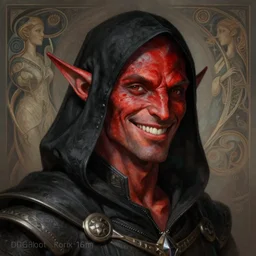 portrait of a male tiefling with  red skin wearing a black hood, smiling, D&D, fantasy, intricate, elegant, highly detailed, digital painting, artstation, concept art, smooth, sharp focus, illustration, art by artgerm and greg rutkowski and alphonse mucha