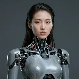 beauty Blade Runner woman, robotic, cyberpunk, lots of cables and wiring, electrical details, trending on artstation, by Hajime Sorayama and Boris Vallejo