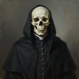 dark art of skull in cassock, photorealistic painting