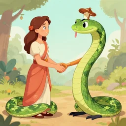 adam and eve shaking hands with an anthromorphic snake