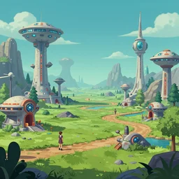 An fantastic landscape from an adventure game theme of the wizards of science fiction 1950s future (oil paint on canvas, art deco era)