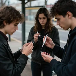 3 people at a bus stop using IV drugs like heroin and fentanyl