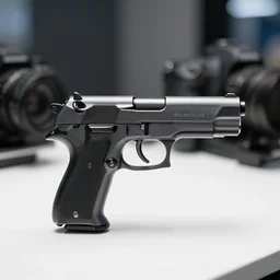 a futuristic pistol is sitting on the white table, clear focus, bokeh effect, high res, hasselblad, dslr