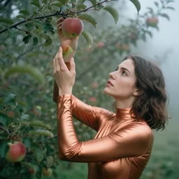 a closeup portrait of a woman wearing a copper bodysuit, picking apples from a tree, foggy, moody, photograph, by vincent desiderio, canon eos c 3 0 0, ƒ 1. 8, 3 5 mm, 8 k, medium - format print
