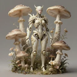 organic cyborg, mushroom and flowers, diffuse lighting, fantasy, intricate, elegant, highly detailed, lifelike, photorealistic, digital painting, artstation, illustration, concept art, smooth, sharp focus, art by john collier and albert aublet and krenz cushart and artem demura and james jane