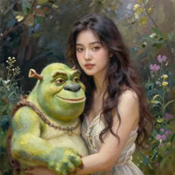 beautiful asian woman in her garden with her pet Shrek, detailed oil painting