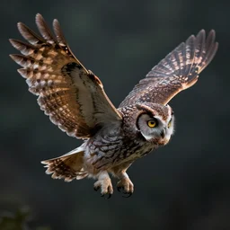 an extremely detailed masterpiece photo of a western screech - owl in flight, in the style of brian froud, brian despain, brian bolland, digital art, unreal engine, volumetric lighting, dark moody lighting, trending on artstation, photorealistic, epic scene