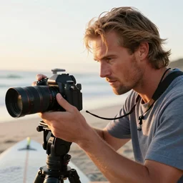 a closeup photorealistic photograph of wayne gretzky operating a film camera at the beach during sunset on a surfboard. bright scene. fine detail. this 4 k hd image is trending on artstation, featured on behance, well - rendered, extra crisp, features intricate detail, epic composition and the style of unreal engine.