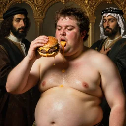 greasy shirtless bloated fat guy fieri, holding burger with dripping cheese, cheese dripping from mouth, orientalist intricate portrait by john william waterhouse and edwin longsden long and theodore ralli and nasreddine dinet, hyper realism, dramatic lighting