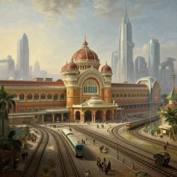 Victoria Terminus railway station in the futuristic city of Mumbai in year 2150, by Canaletto, trending on ArtStation, masterpiece