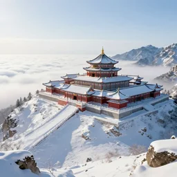 a scene concept design, depicting a snow - covered palace halfway up changbai mountain, with sunlight falling, the snow at the foot of the mountain is a sea of red flowers, a magnificent atmosphere ， super wide angle ， matte painting ， rtx on ， in huang guangjian style ， trending on cgsociety and artstation, unreal engine �