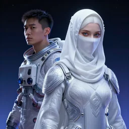portrait of yael shelbia and kang seul - gi, venus squid astronaut, burka, white hair, intricate design details. cyberpunk, rioter, by ruan jia, beeple and richard corben. smooth gradients, deep space.