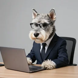 anthropomorphic westie that looks like a human, photo, wearing business attire and glasses, sitting at a desk with a laptop, realistic, colored studio lighting, professional photography, nikon 5 0 mm f / 1. 8 g, canon