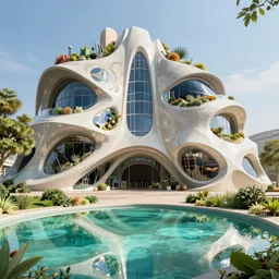 highly detailed futuristic architecture by Antoni Gaudí and Zaha Hadid, reflective lighting, vegetation, ground-level view, puddles turquoise of water, stunning sunny lighting, sunrise, vivid colors, in the style of pixar animation, trending on Artstation, 8k, matte painting, ray tracing, hyper detailed, unreal engine 5, cinematic, epic lighting, cryengine, octane render, cyberpunk, red and orange glow, vibrant