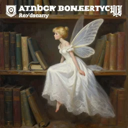 a painting of a tiny fairy flying sitting on a bookshelf, ((((library interior)))), Blond hair, white long elaborate dress!!! Profile portrait, concept art by artgerm, alex ross, ruan jia, behance contest winner, vanitas, official art, poster art, concept art