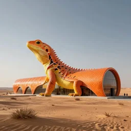 archdaily architectural photography in the style of james gilleard of a fun long building that looks like an orange and yellow lizard in the middle of a desert, architecture in the shape of a varanus caspius monitor lizard, lizard skin textured facade, designed by norman foster