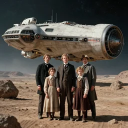 highly detailed, 513435456k film, 134400mm film still from a sci fi blockbuster color movie made in 2019, set in 1860, of a family standing in front of a spaceship that has just landed on an alien planet, the family are all wearing 1860s era clothes, good lighting, good photography, ultra high definition