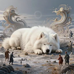 giant sleeping samoyed in a tundra landscape : : by michal karcz, daniel merriam, victo ngai and guillermo del toro : : ornate, dynamic, particulate, intricate, elegant, highly detailed, centered, artstation, smooth, sharp focus, octane render, 3 d