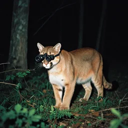 cougar in forest at night, night vision goggles, shot from ground up, grainy