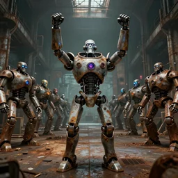 a robot mad scientist overlord looking up with both fists raised high in triumph, standing in front of hundreds of dangerous robots inside a huge rusty dingy warehouse, raygun gothic, atomic punk, digital art, detailed octane render