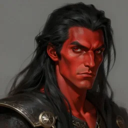 male sorcerer, art by artgerm and greg rutkowski and magali villeneuve, red - skin, black - hair, d & d, fantasy, portrait, highly detailed, headshot, digital painting, trending on artstation, concept art, sharp focus, illustration