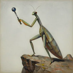 Desertpunk man wearing a praying mantis costume standing on a cliff brandishing an orb uni-ball palette knife guillem h. pongiluppi H.R. Giger Bastien Lecouffe-Deharme j.c. leyendecker eleanor fortescue-brickdale artwork encaustic silverpoint