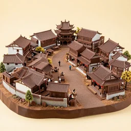 a chocolate diorama of an asian village