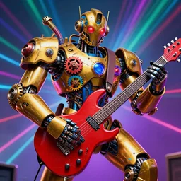 portrait photo of a giant huge golden and blue metal humanoid steampunk robot guitarplayer covered with multicolored big gears and tubes, a huge red guitar, eyes are glowing red lightbulbs, shiny crisp finish, 3 d render, 8 k, insaneley detailed, fluorescent colors, background is multicolored lasershow