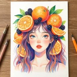 multicolored drawing of a girl with ray caesar's oranges and blackberries woven into her hair, created in the modern world in ultra - high 4 k resolution, with an inspiring feeling