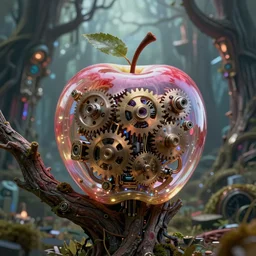 intricate mechanical translucent apple with visible gears and components inside, growing off a tree, on the background of a weird magical mechanical forest. Very detailed 8k. Fantasy cyberpunk horror. Sharp. Cinematic post-processing