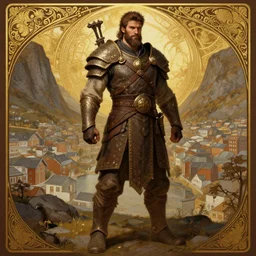 brown haired warrior, full body portrait, rugged, muscular, bearded, male, city landscape, norway, d & d, fantasy, intricate, elegant, highly detailed, digital painting, brown and gold color palette, artstation, octane render, concept art, matte, sharp focus, illustration, herrarthstone, art by artgerm and greg rutkowski and alphonse mucha