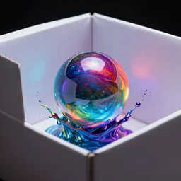 a spinning chromatic orb inside of a white cardboard box giving off liquid paint splattering the inside of the white box, dynamic lighting, 8 k hdr
