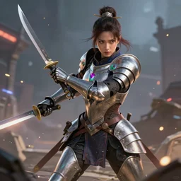 a woman in armor wielding knives, dynamic lights, particles are flying, depth of field, trending on artstation, illustration, hyper realistic, super detailed, colorful accents, cinematic shot