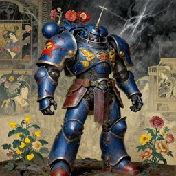composition gothic of and futuristic, warhammer, cyber japan style armor, scars, thunderstorm, blue, red, yellow, many mechflowers, the middle ages, highly detailed, artstation, in the style of moebius, jugendstil and classic japanese print, art by jean delville, rene magritte