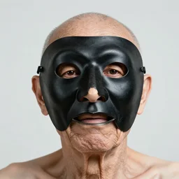 portrait photo of an old wrinkled man, skinny face, bony face, long nose, crooked nose, large full mouth, black pulcinella mask, masquerade mask, pointy conical hat, white wrinkled shirt, eats pizza, presents pizza, black background, close - up, skin blemishes, menacing, intimidating, masterpiece by george hurrell