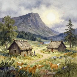 watercolor painting of rustic view, viking age, scandinavian mythology, magical, ambient lighting, art by hans gude, art by hans dahl, by jesper ejsing, art by anders zorn, wonderful masterpiece by greg rutkowski, cinematic light, american romanticism by greg manchess, creation by tyler edlin, heavy clouds and sun