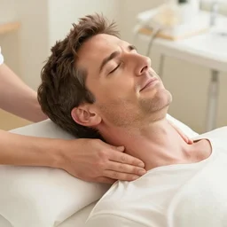 steve carell having relaxin neck massage to relief his neck and he is listening someone belly