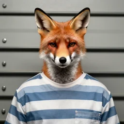 fox headed man wearing striped prison clothing, colorized jail mugshot