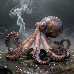 an octopus in a smokey room smoke curling around the beak, 4k, realistic lighting, surface reflections, very hazy room