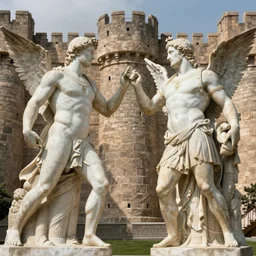 Achilles and Hector as marble statues face off in front of the great walls of Troy