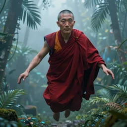 close - up portrait flying body of a tibetan monk in weightlessness inside tropical jungle with palm leaves. dressed in traditional red cloth, small foggy and blue gloomy, highly detailed, photorealistic, abstract, science fiction illustration by salvador dali, jeremy geddes, deform with liquid glsl shader in processing