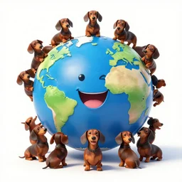 the world is happy for you, large scale photo, globe is surrounded by dachshunds